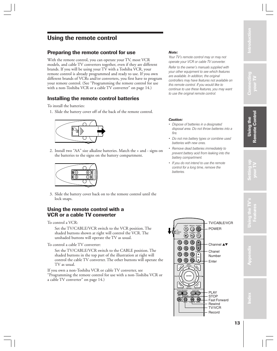 Using the remote control, Preparing for use, Using with a vcr or a cable tv converter | Preparing the remote control for use, Installing the remote control batteries | Toshiba 43A61 User Manual | Page 13 / 51