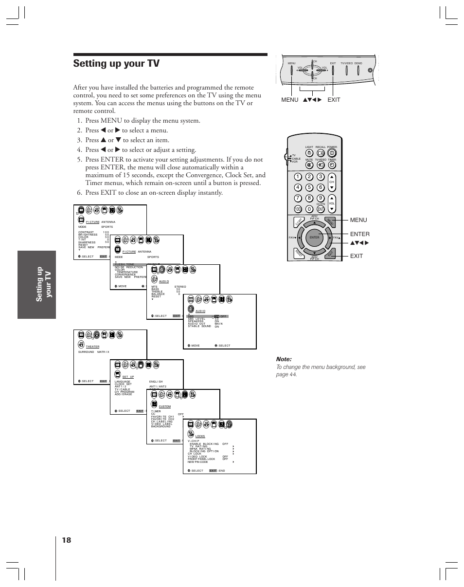 Setting up your tv, Menu yzx • exit, Enter yzx • exit menu | Toshiba 43A61 User Manual | Page 18 / 51