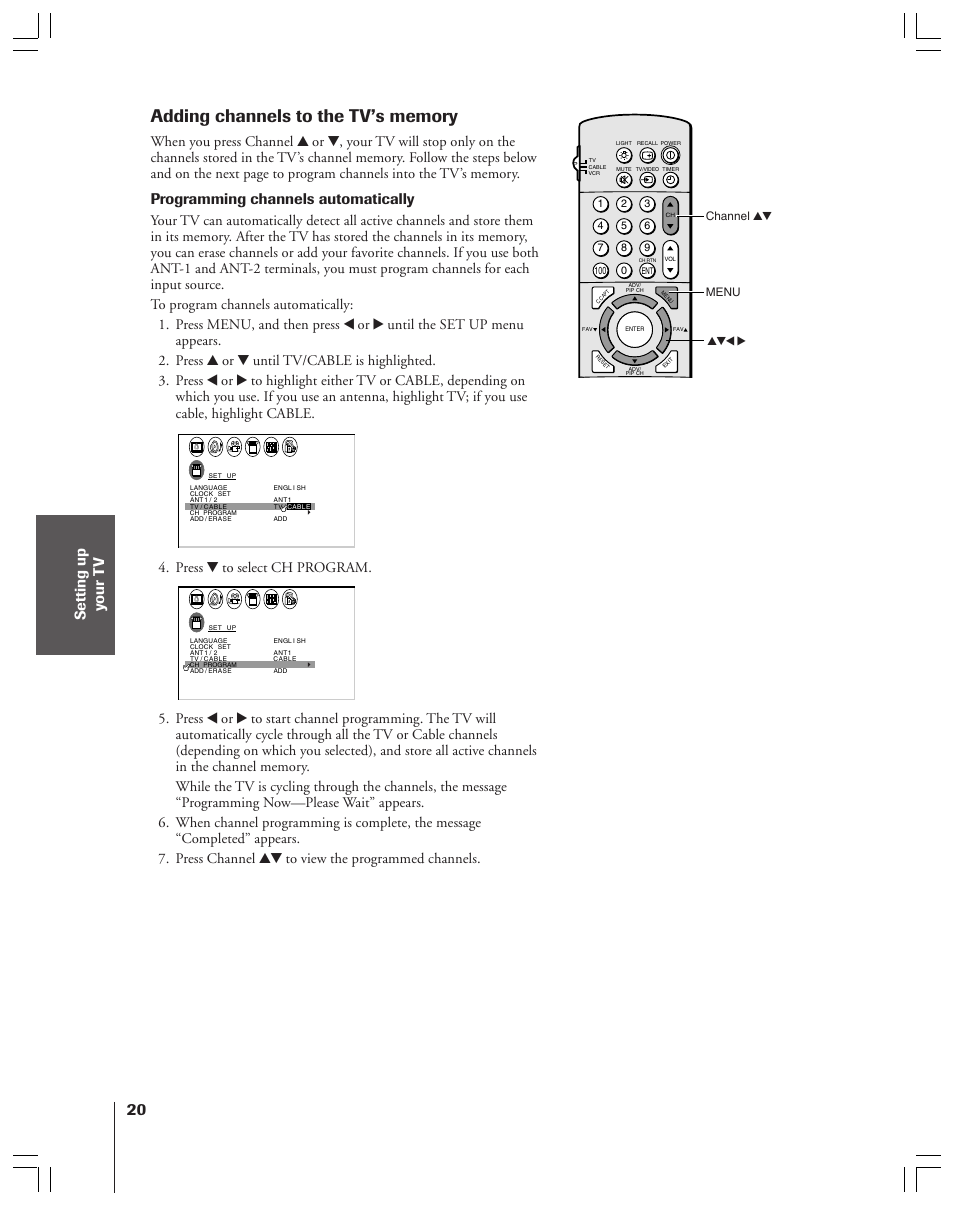 Adding channels to tv's memory, Programming channels automatically, Press z to select ch program | Menu yzx • channel yz | Toshiba 43A61 User Manual | Page 20 / 51