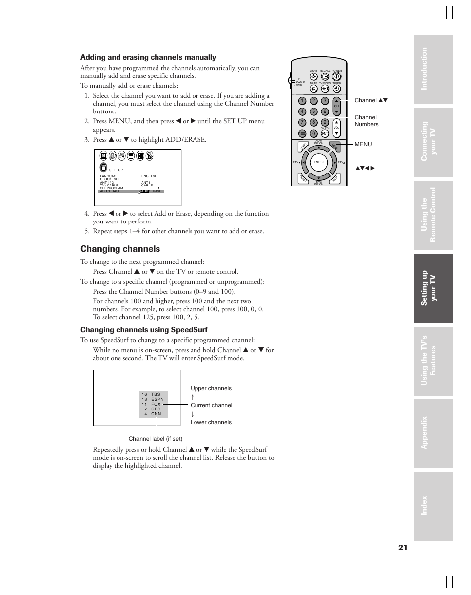 Changing channels, Adding and erasing channels manually, Changing channels using speedsurf | Toshiba 43A61 User Manual | Page 21 / 51