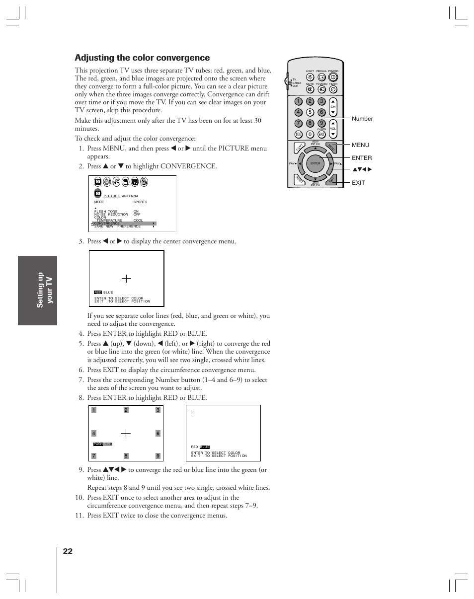 Adjusting the color convergence, Exit yzx • enter number menu | Toshiba 43A61 User Manual | Page 22 / 51