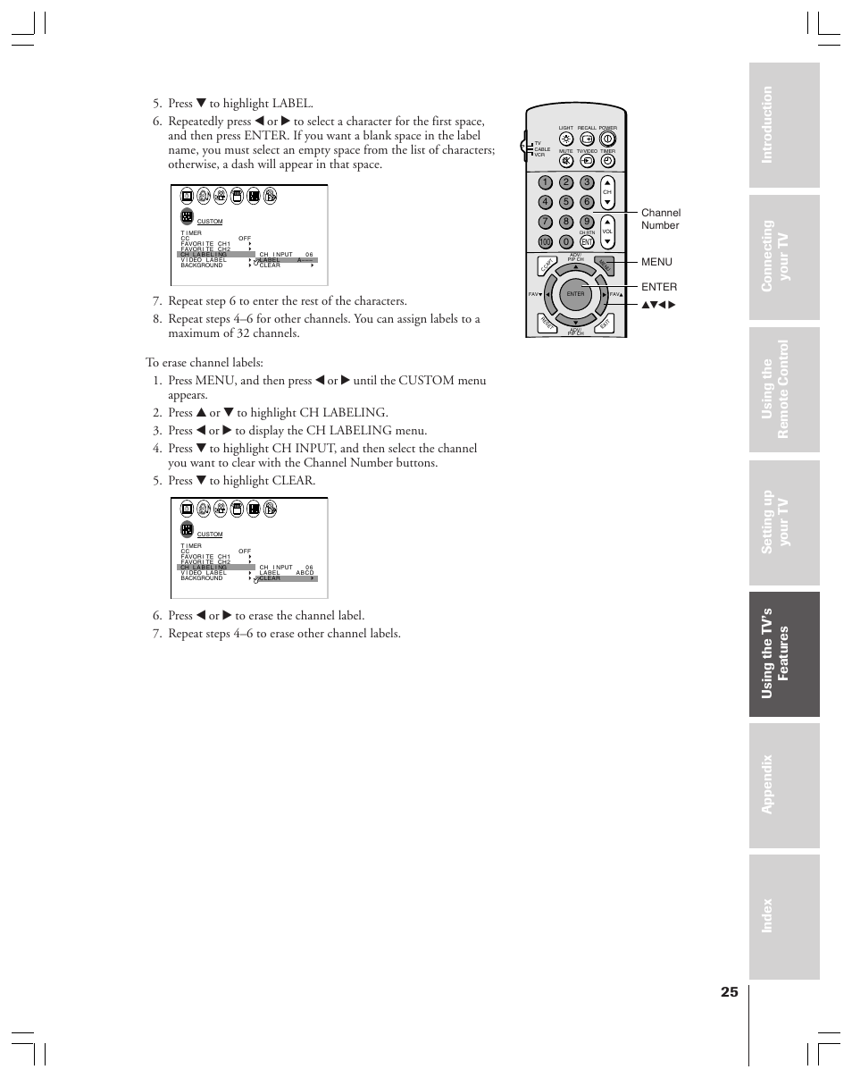 Channel number menu enter yzx | Toshiba 43A61 User Manual | Page 25 / 51