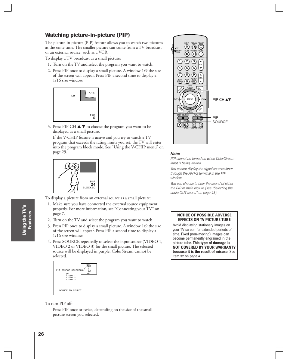 Picture-in-picture, Watching picture-in-picture (pip) | Toshiba 43A61 User Manual | Page 26 / 51