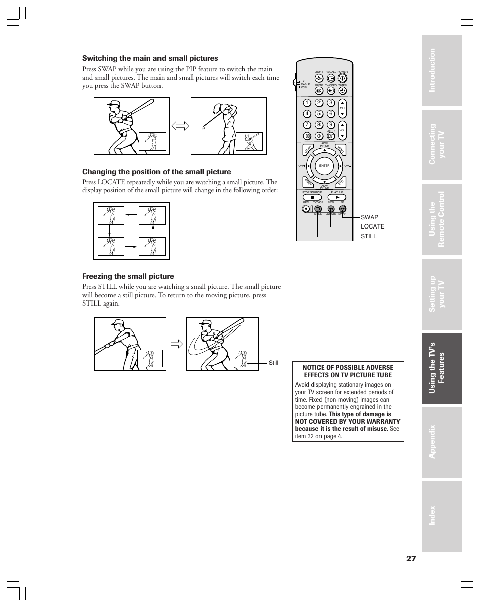 Switching the main and small pictures, Changing the position of the small picture, Freezing the small picture | Toshiba 43A61 User Manual | Page 27 / 51