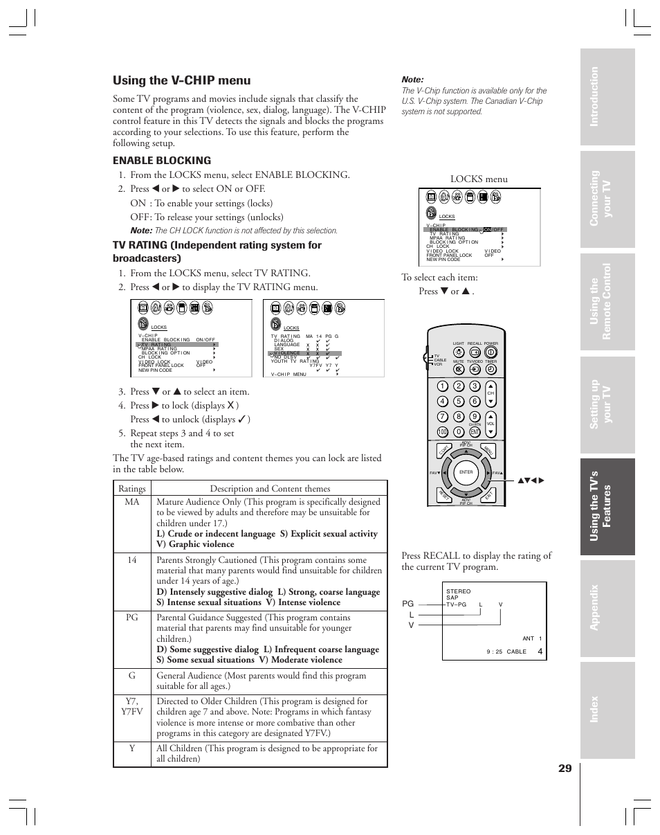 V-chip, Using the v-chip menu, Enable blocking | Locks menu, Pg l v | Toshiba 43A61 User Manual | Page 29 / 51