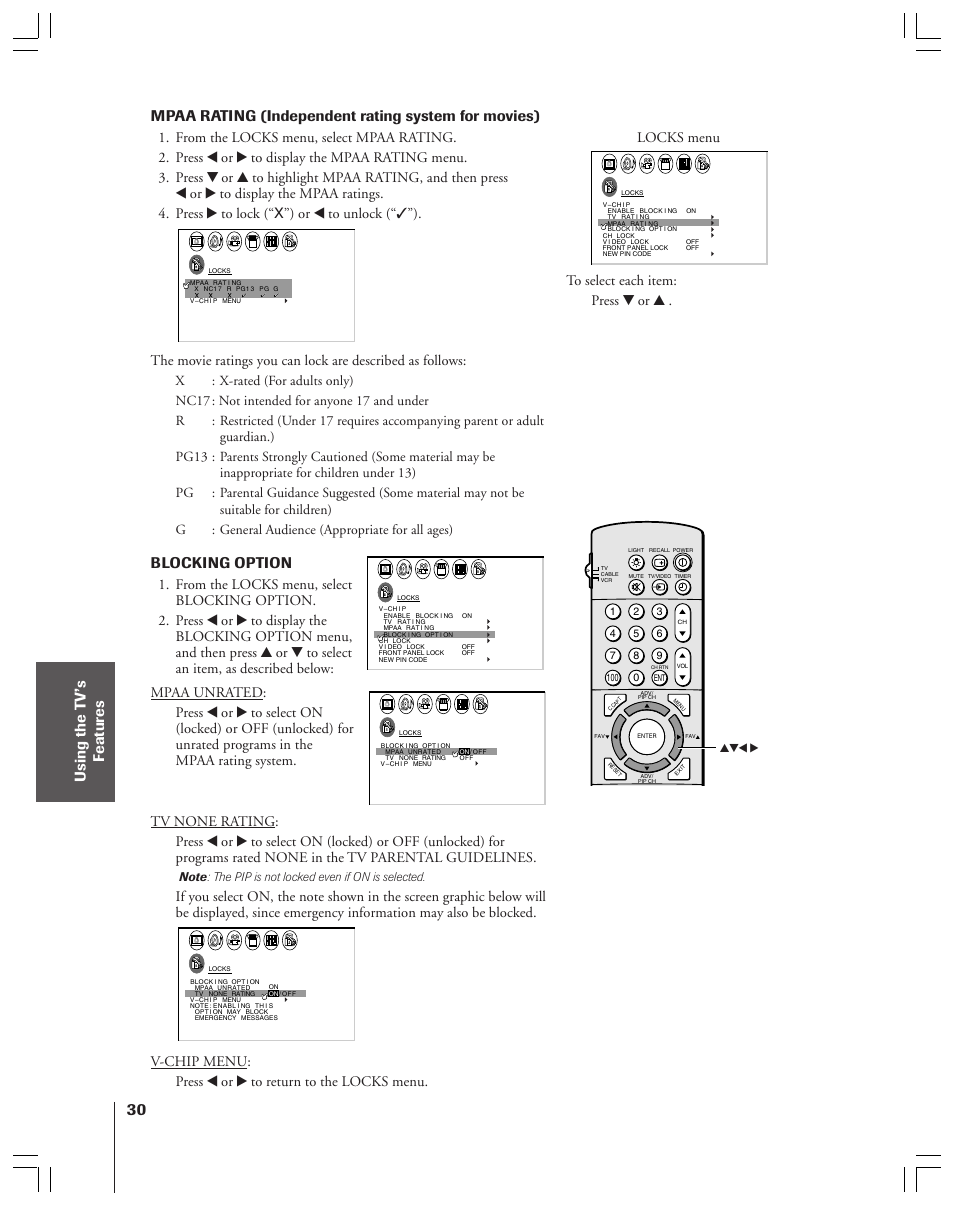 Mpaa rating (independent rating system for movies), Blocking option | Toshiba 43A61 User Manual | Page 30 / 51