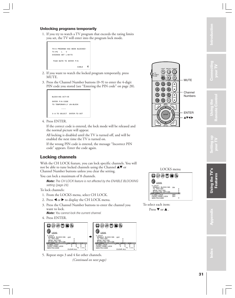 Locking channels, Unlocking programs temporarily, Press enter | Locks menu, Channel numbers enter yzx • mute | Toshiba 43A61 User Manual | Page 31 / 51