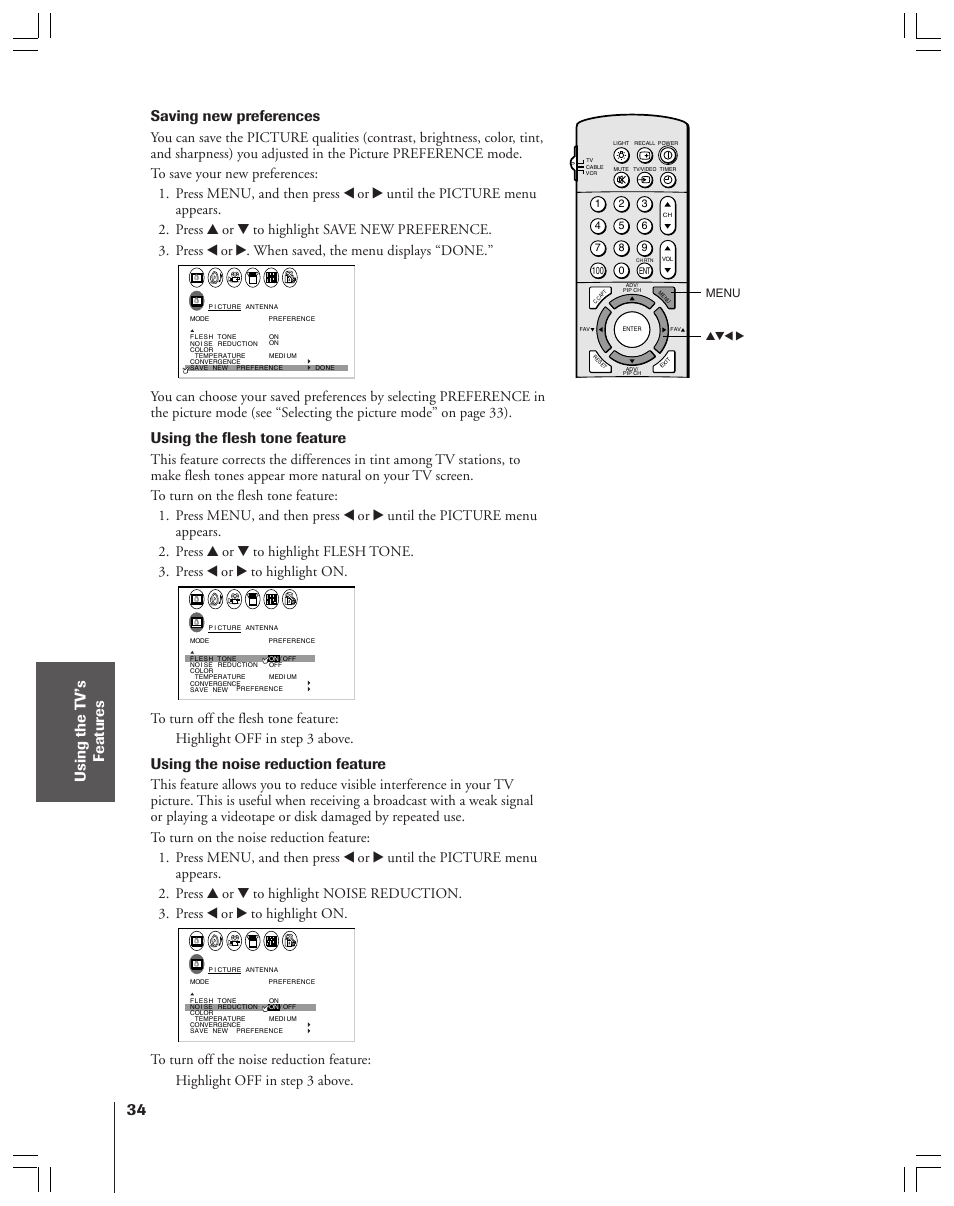 Saving new preferences, Using the flesh tone feature, Using the noise reduction feature | Menu yzx | Toshiba 43A61 User Manual | Page 34 / 51