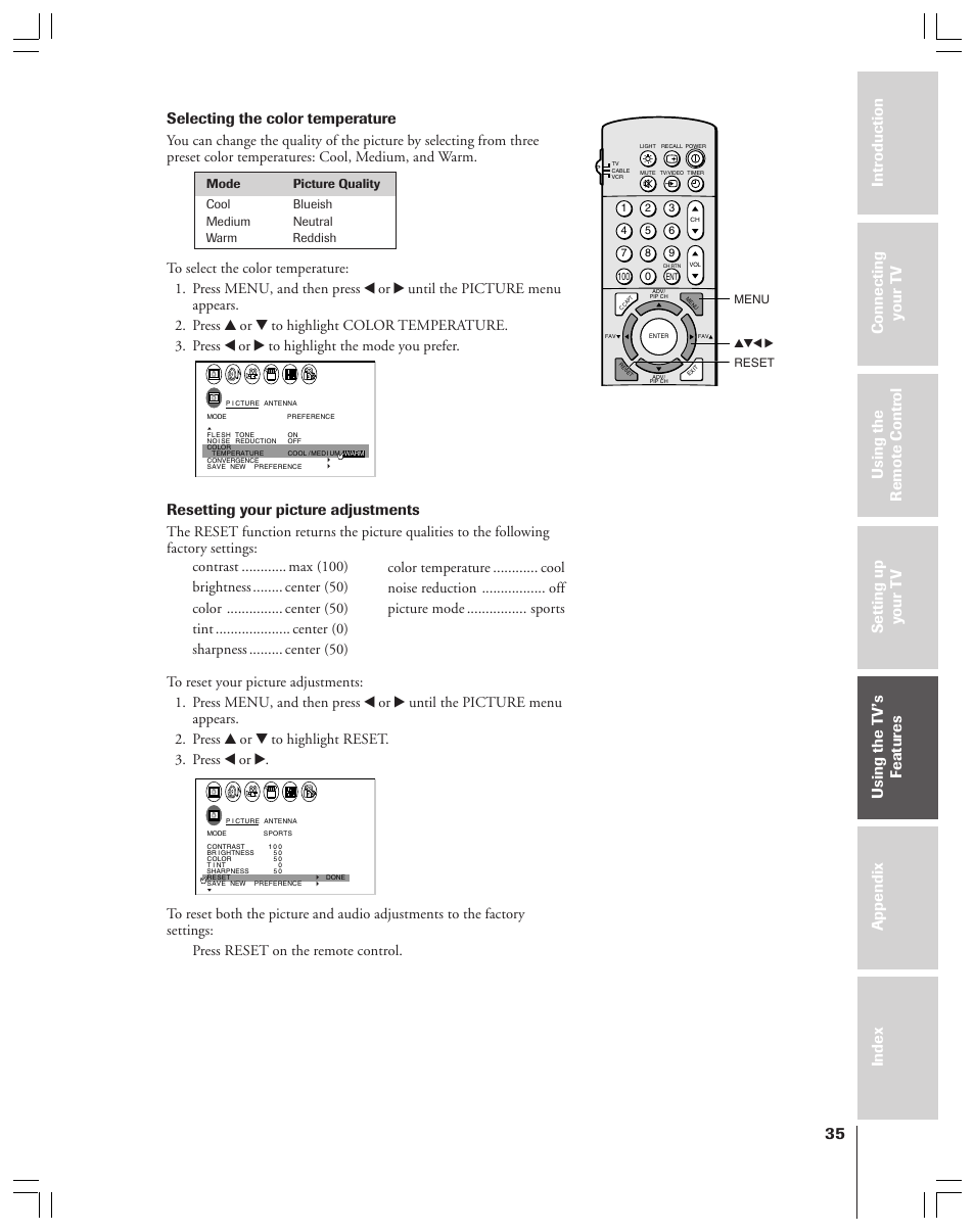 Selecting the color temperature, Resetting your picture adjustments, Menu yzx • reset | Toshiba 43A61 User Manual | Page 35 / 51