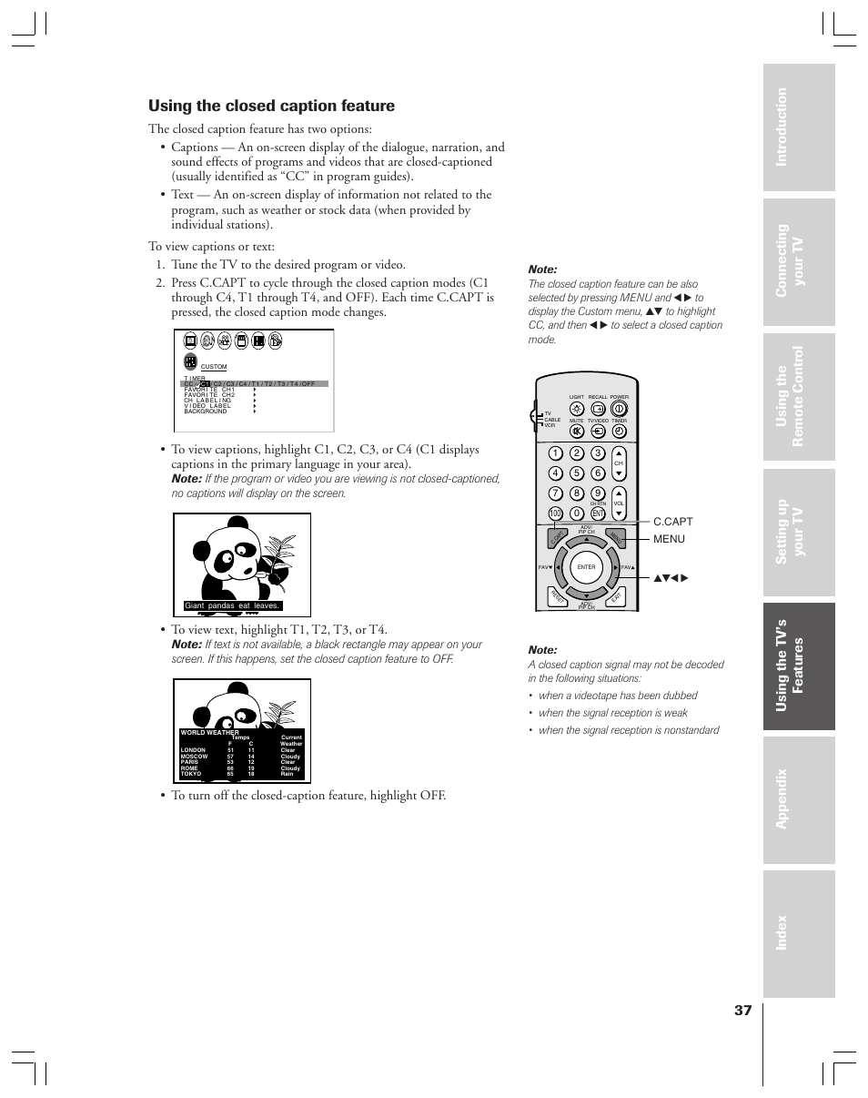 Closed caption, Using the closed caption feature | Toshiba 43A61 User Manual | Page 37 / 51