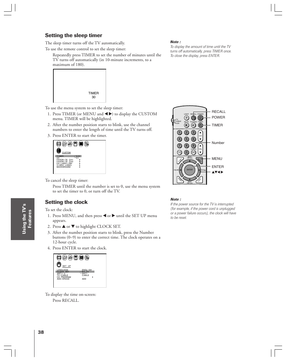 Sleep timer - clock, Setting the sleep timer, Setting the clock | Timer 30, Recall power yzx • timer enter menu number | Toshiba 43A61 User Manual | Page 38 / 51