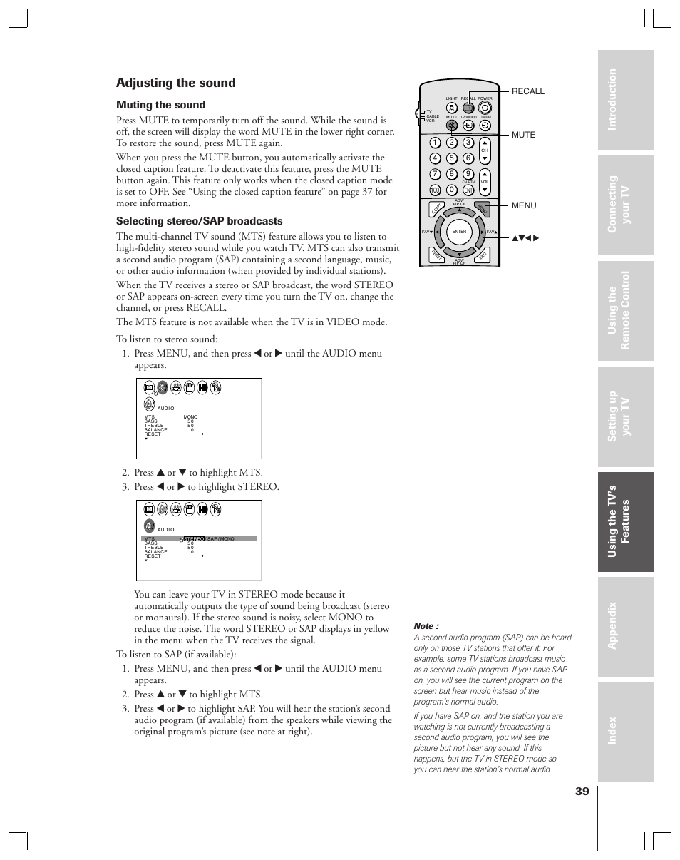Adjusting sound, Adjusting the sound, Muting the sound | Selecting stereo/sap broadcasts, Recall mute yzx • menu | Toshiba 43A61 User Manual | Page 39 / 51