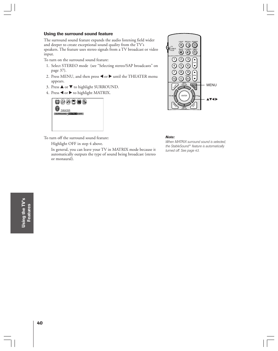 Using the surround sound feature, Feature is automatically turned off. see page 43, Yzx • menu | Toshiba 43A61 User Manual | Page 40 / 51