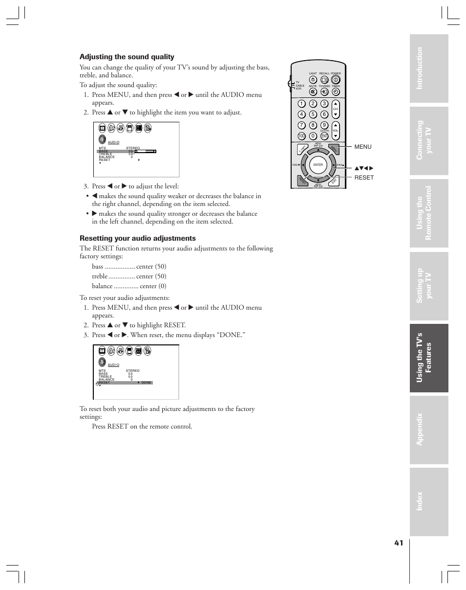 Adjusting the sound quality, Resetting your audio adjustments, Yzx • menu reset | Toshiba 43A61 User Manual | Page 41 / 51