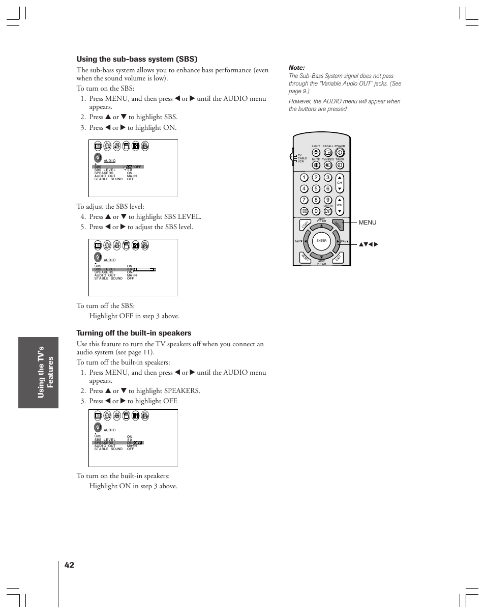 Using the sub-bass system (sbs), Turning off the built-in speakers, Yzx • menu | Toshiba 43A61 User Manual | Page 42 / 51