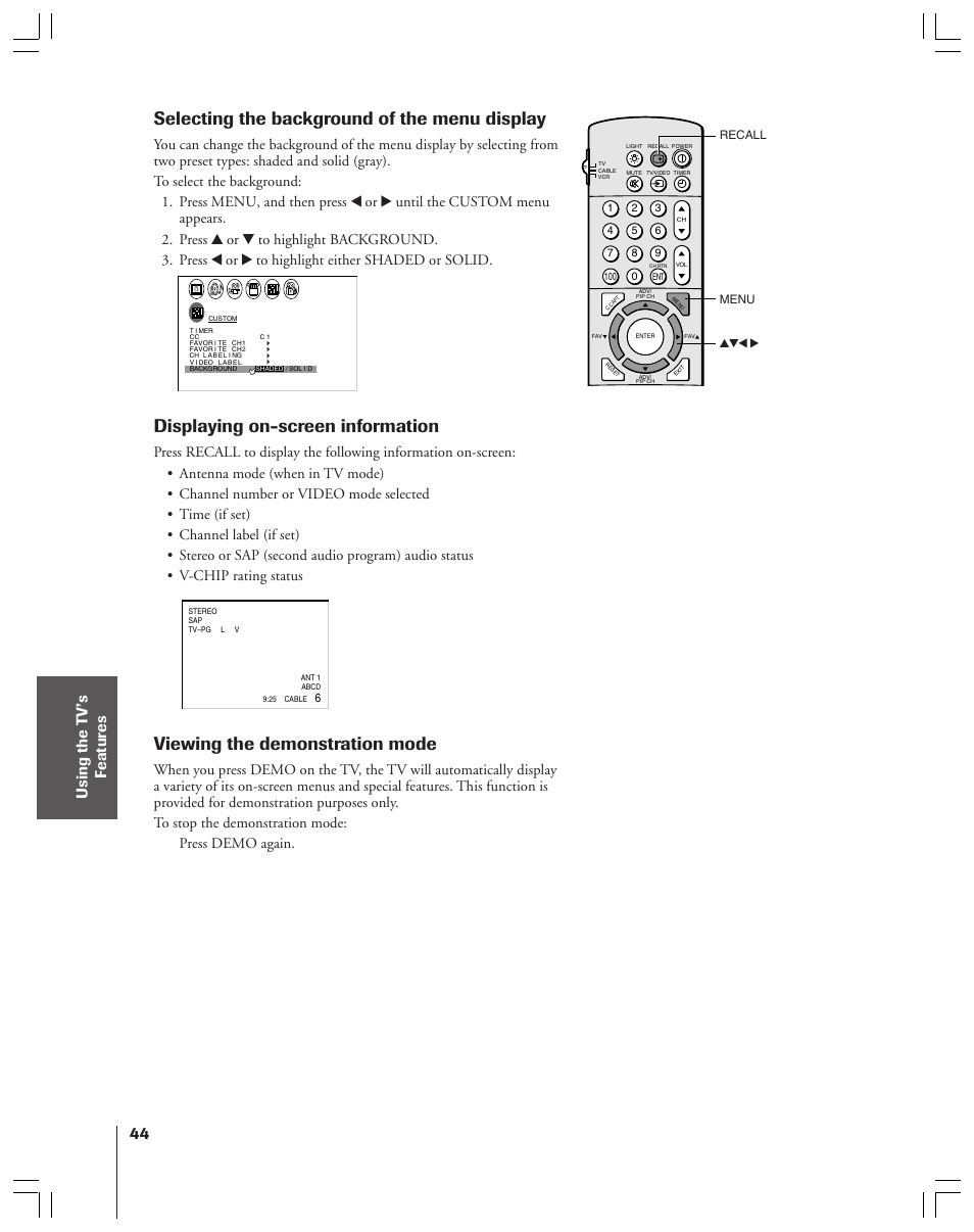 Demonstration mode, Selecting the background of the menu display, Displaying on-screen information | Viewing the demonstration mode, Yzx • menu recall | Toshiba 43A61 User Manual | Page 44 / 51