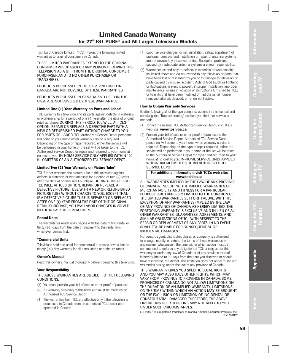 Limited canada warranty | Toshiba 43A61 User Manual | Page 49 / 51