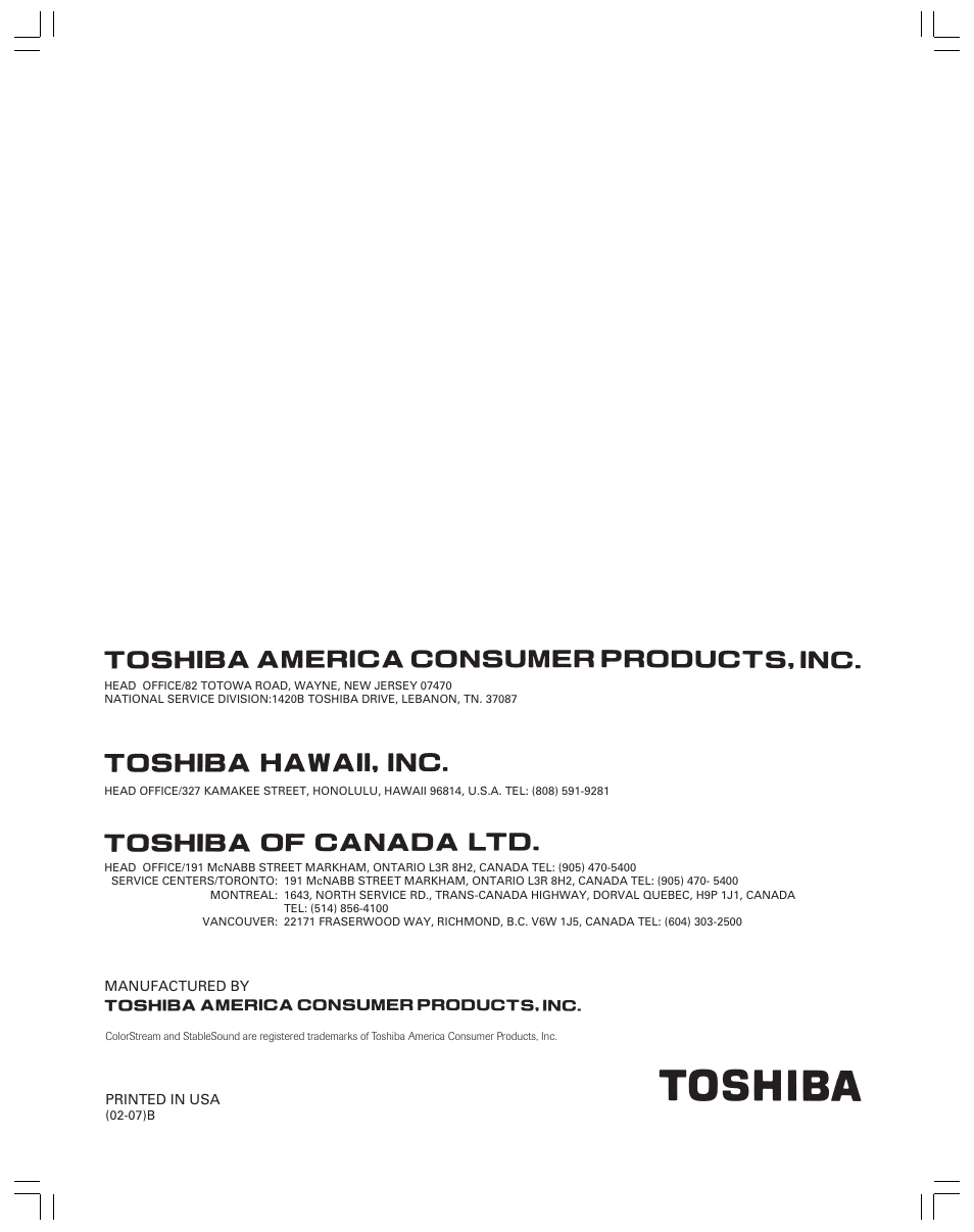 Back cover | Toshiba 43A61 User Manual | Page 51 / 51
