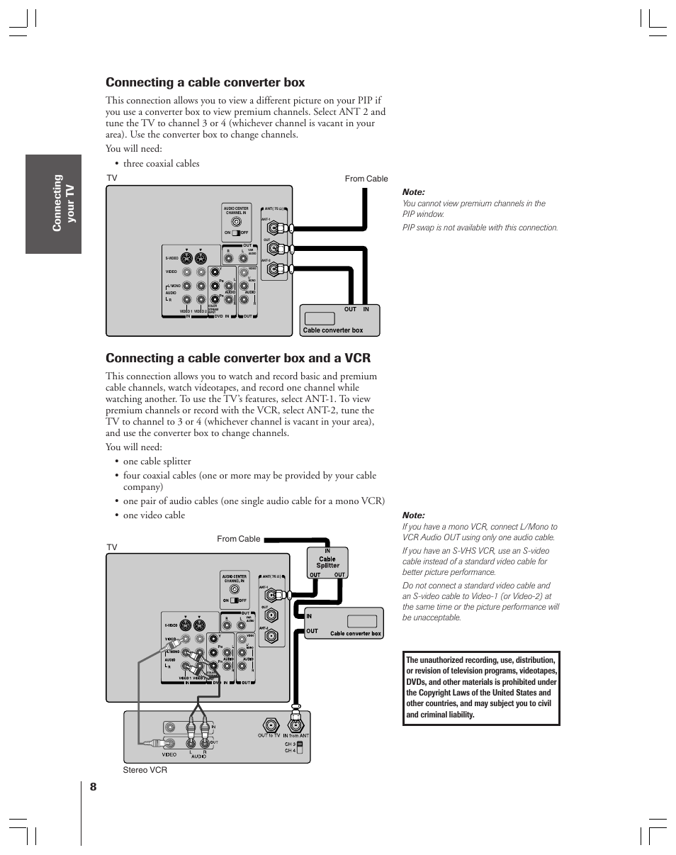 Cable converter box and a vcr, Connecting a cable converter box, Connecting a cable converter box and a vcr | Toshiba 43A61 User Manual | Page 8 / 51