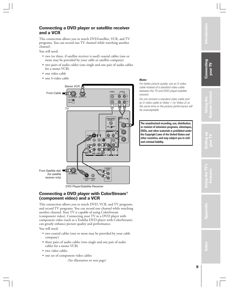 Dvd player or satellite receiver and a vcr, Dvd player with colorstream and a vcr, Connecting a dvd player with colorstream | Component video) and a vcr | Toshiba 43A61 User Manual | Page 9 / 51