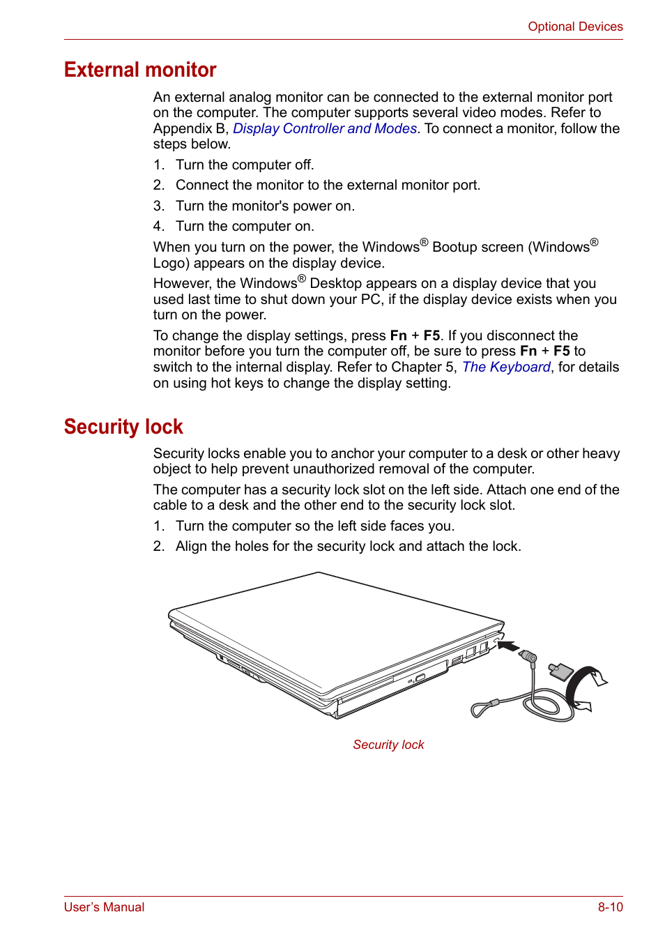 External monitor, Security lock, External monitor -10 security lock -10 | Toshiba U300 Series PSA50 YXT User Manual | Page 100 / 147