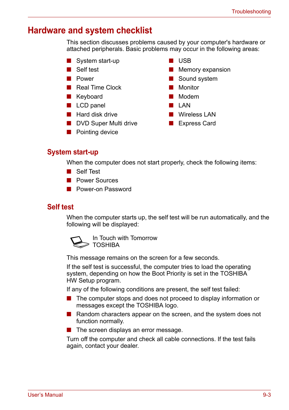 Hardware and system checklist, Hardware and system checklist -3, System start-up | Self test | Toshiba U300 Series PSA50 YXT User Manual | Page 103 / 147