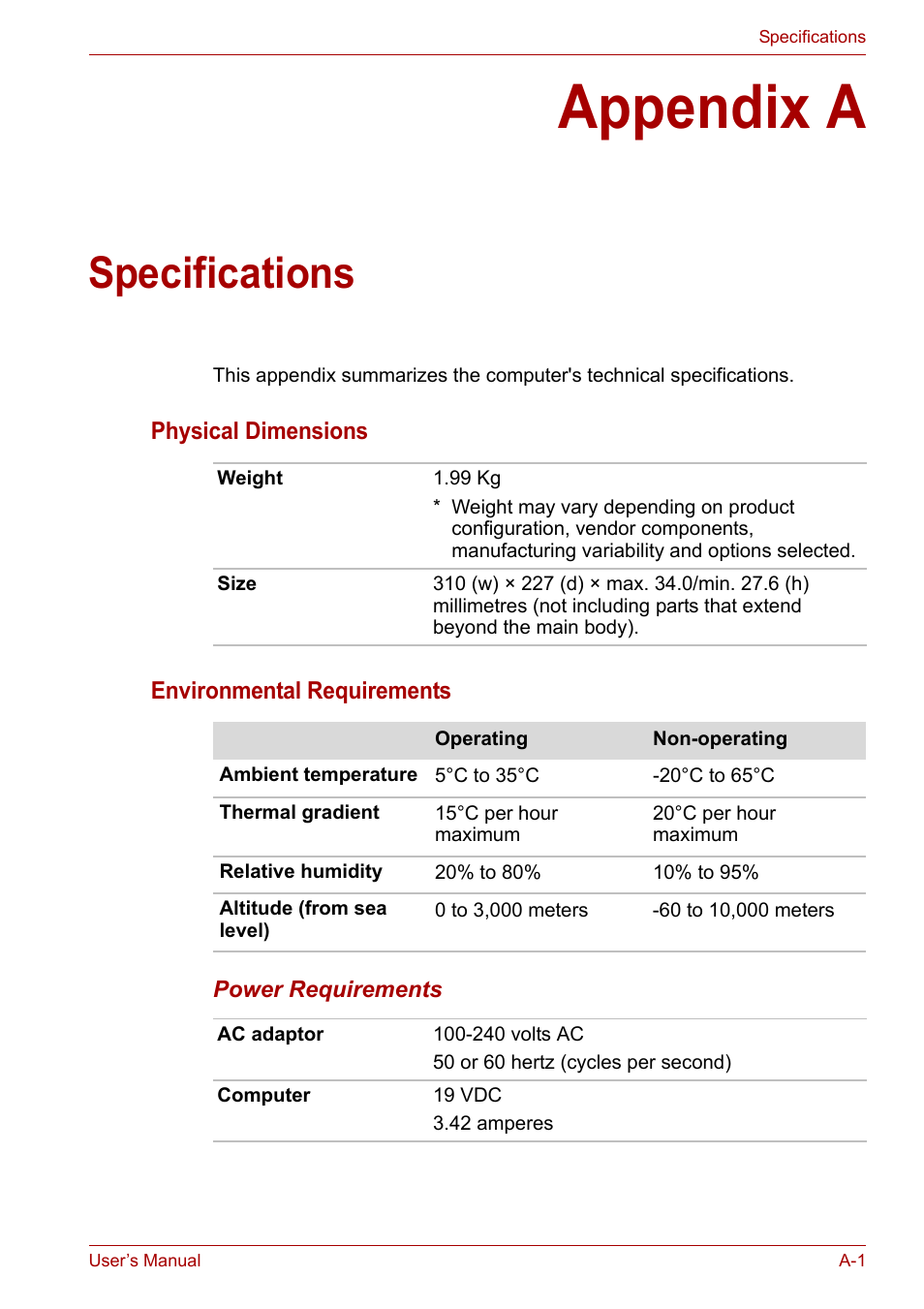 Appendix a: specifications, Appendix a, Specifications | Appendices | Toshiba U300 Series PSA50 YXT User Manual | Page 115 / 147