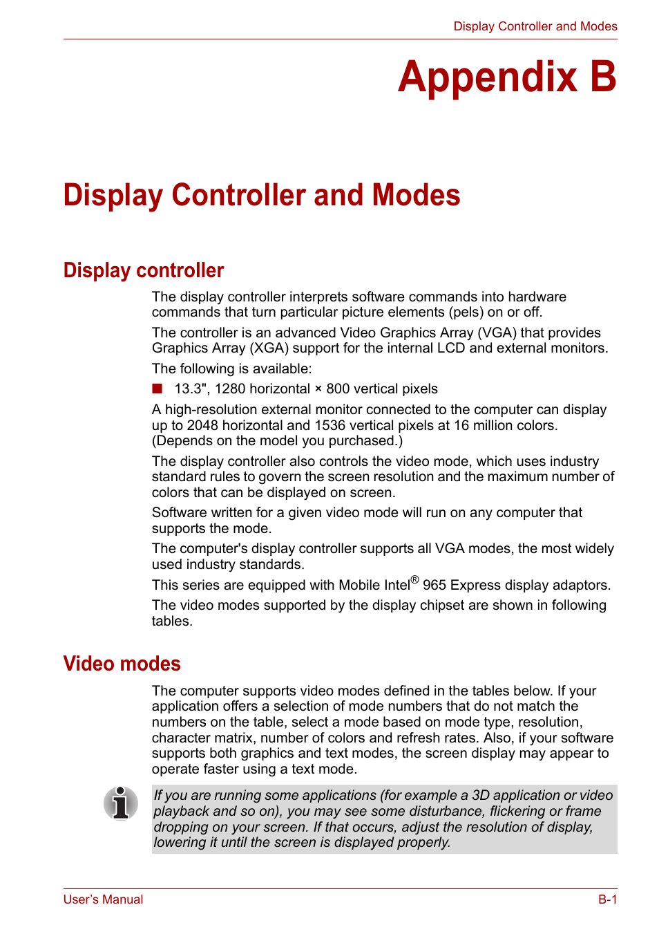 Appendix b: display controller and modes, Appendix b, Display controller and modes | Display controller and, Modes, Display controller, And modes, For more information, Video modes | Toshiba U300 Series PSA50 YXT User Manual | Page 117 / 147