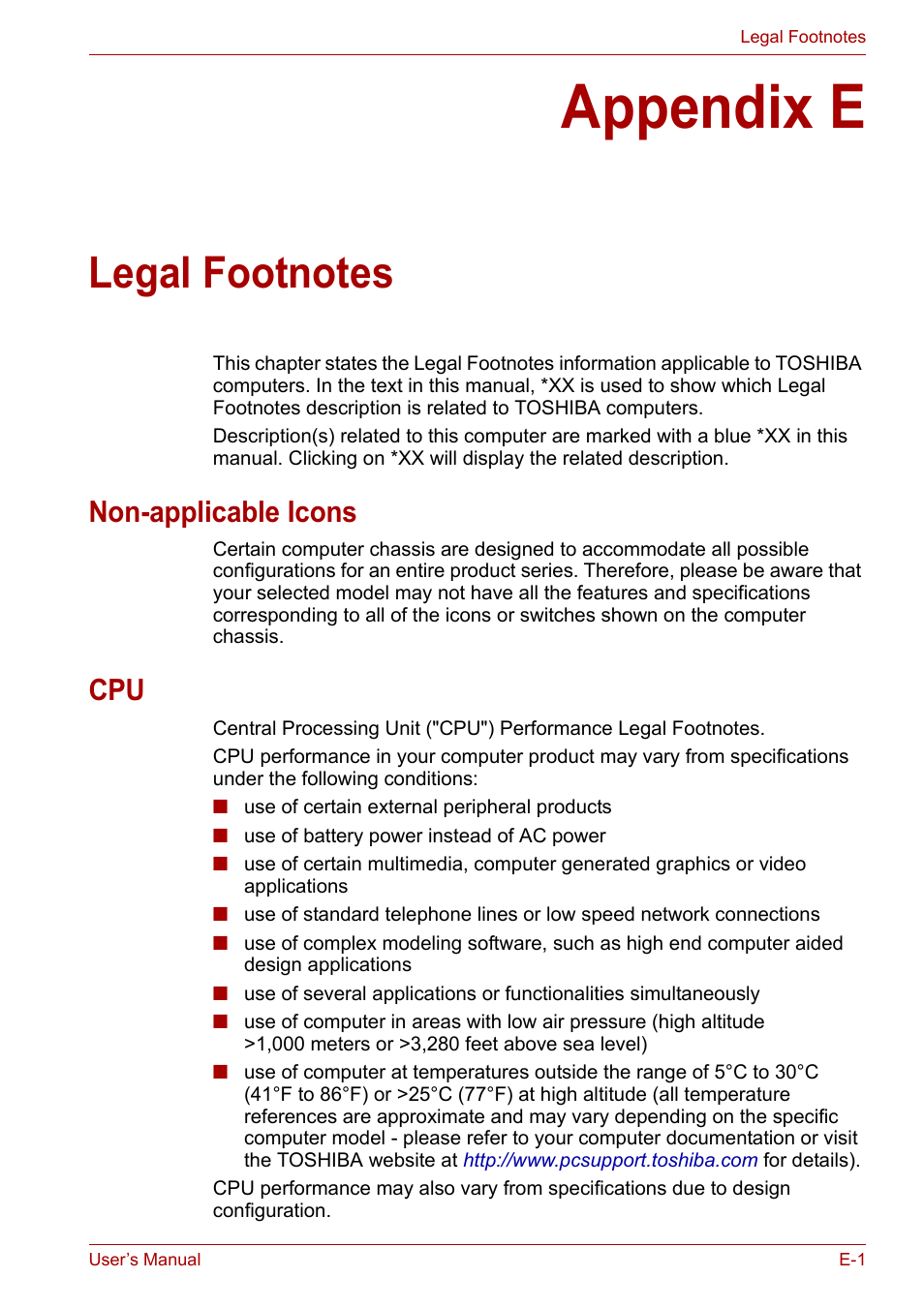 Appendix e: legal footnotes, Appendix e, Legal footnotes | Non-applicable icons | Toshiba U300 Series PSA50 YXT User Manual | Page 128 / 147