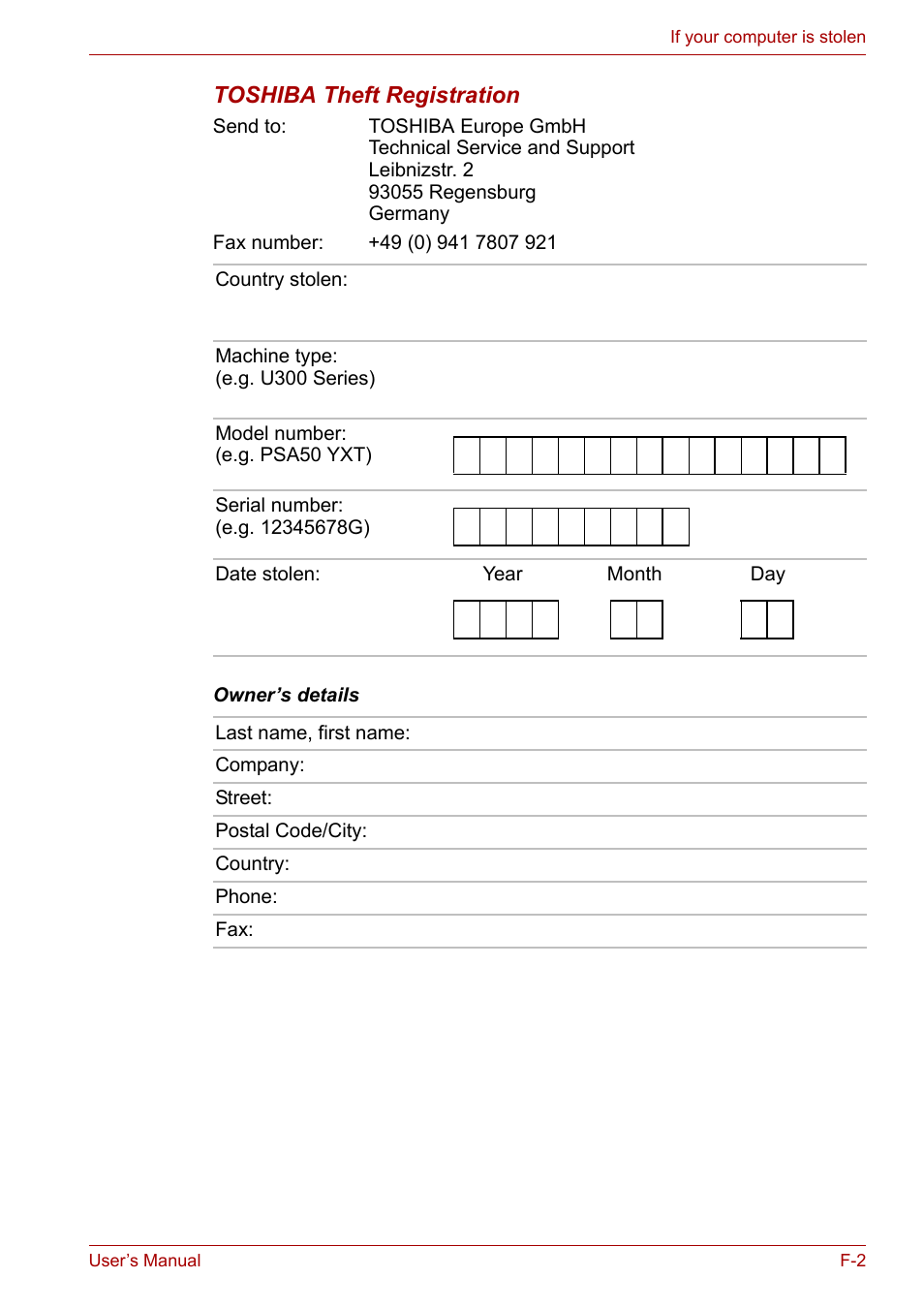 Toshiba theft registration | Toshiba U300 Series PSA50 YXT User Manual | Page 132 / 147