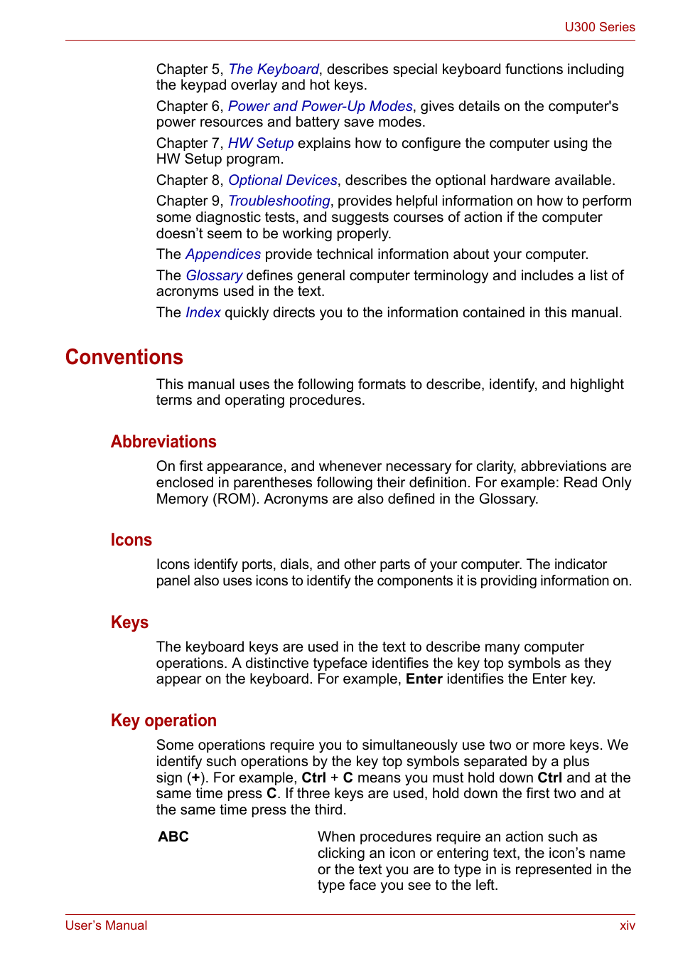 Conventions, Abbreviations, Icons | Keys, Key operation | Toshiba U300 Series PSA50 YXT User Manual | Page 14 / 147