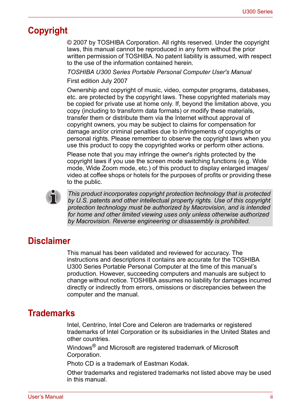 Copyright, Disclaimer, Trademarks | Toshiba U300 Series PSA50 YXT User Manual | Page 2 / 147