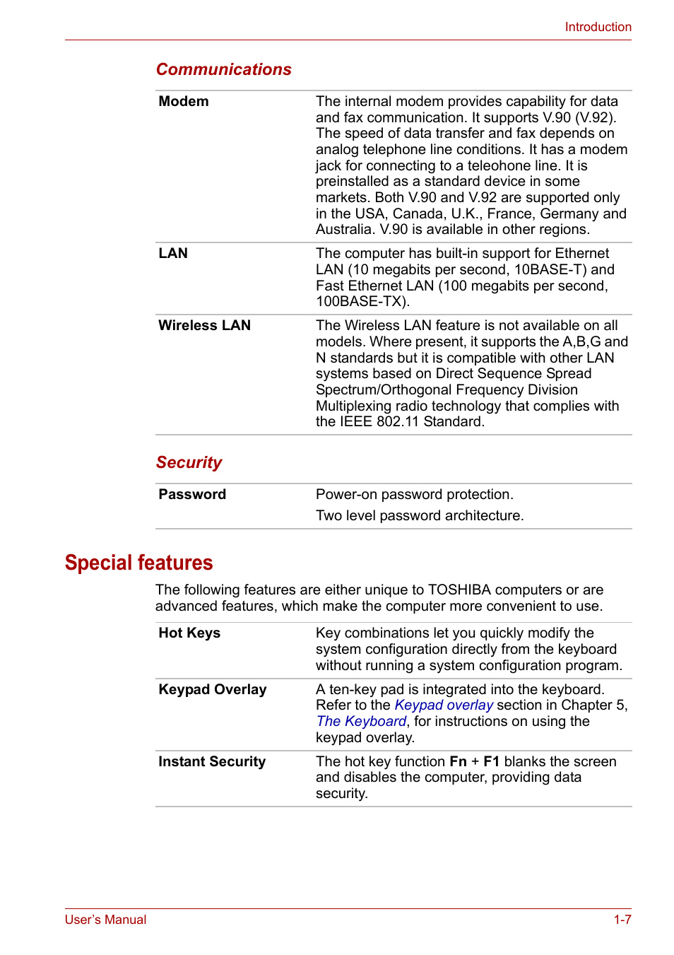 Special features, Special features -7 | Toshiba U300 Series PSA50 YXT User Manual | Page 22 / 147