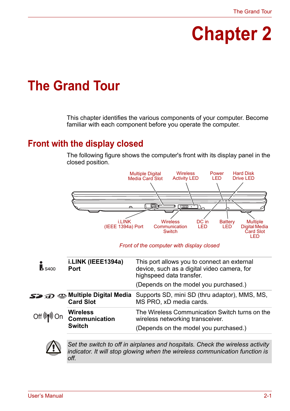 Chapter 2: the grand tour, Front with the display closed, Chapter 2 | The grand tour, Front with the display closed -1 | Toshiba U300 Series PSA50 YXT User Manual | Page 27 / 147