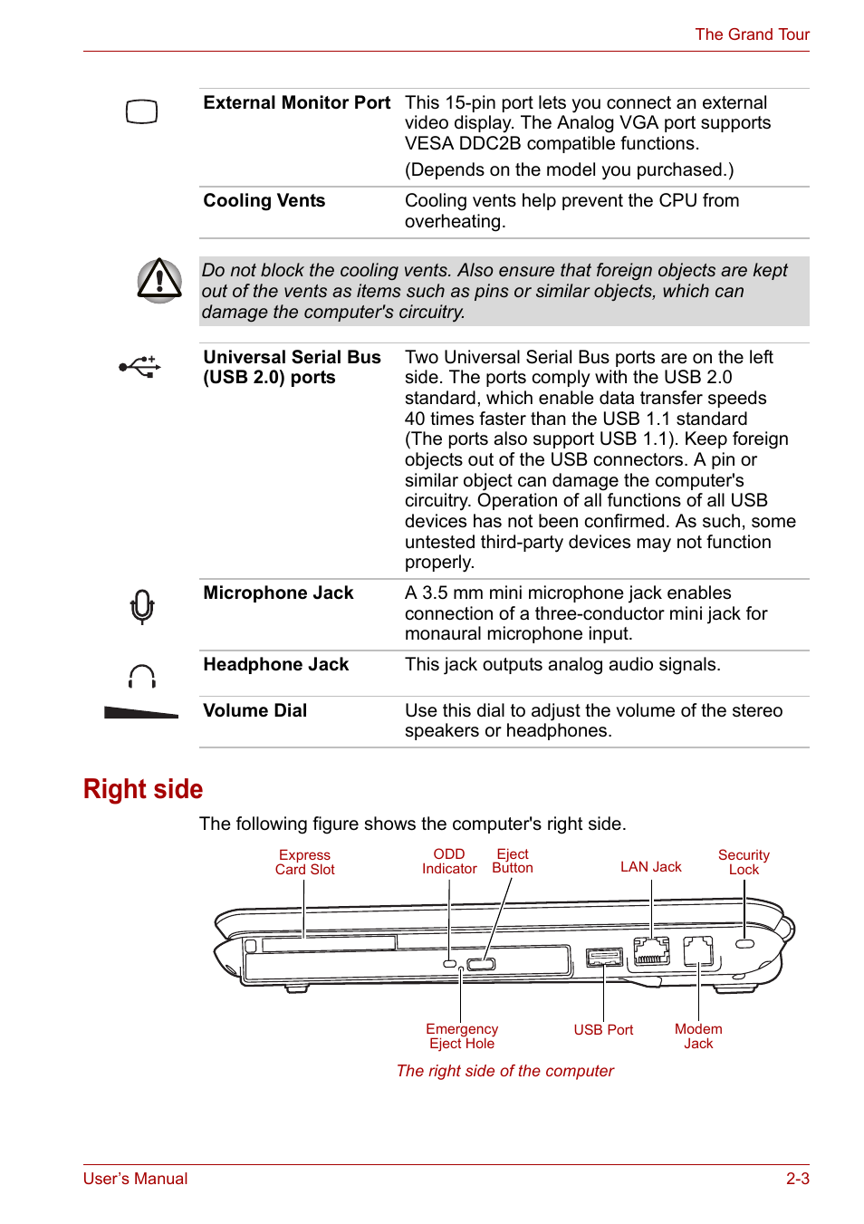 Right side, Right side -3 | Toshiba U300 Series PSA50 YXT User Manual | Page 29 / 147