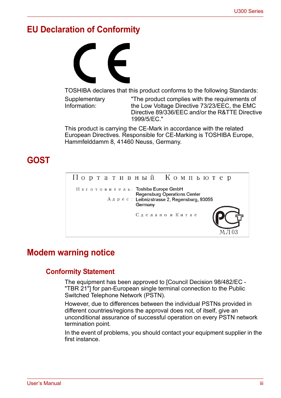 Eu declaration of conformity, Gost modem warning notice | Toshiba U300 Series PSA50 YXT User Manual | Page 3 / 147