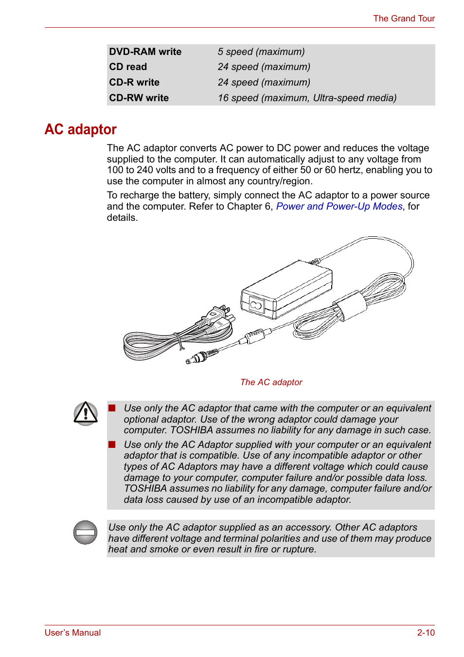 Ac adaptor, Ac adaptor -10 | Toshiba U300 Series PSA50 YXT User Manual | Page 36 / 147