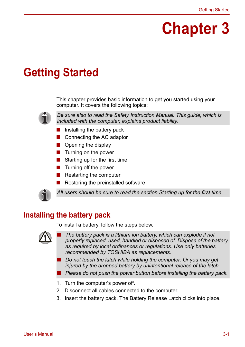 Chapter 3: getting started, Installing the battery pack, Chapter 3 | Getting started, Installing the battery pack -1, Provi, Installing, The battery pack, Section in | Toshiba U300 Series PSA50 YXT User Manual | Page 37 / 147