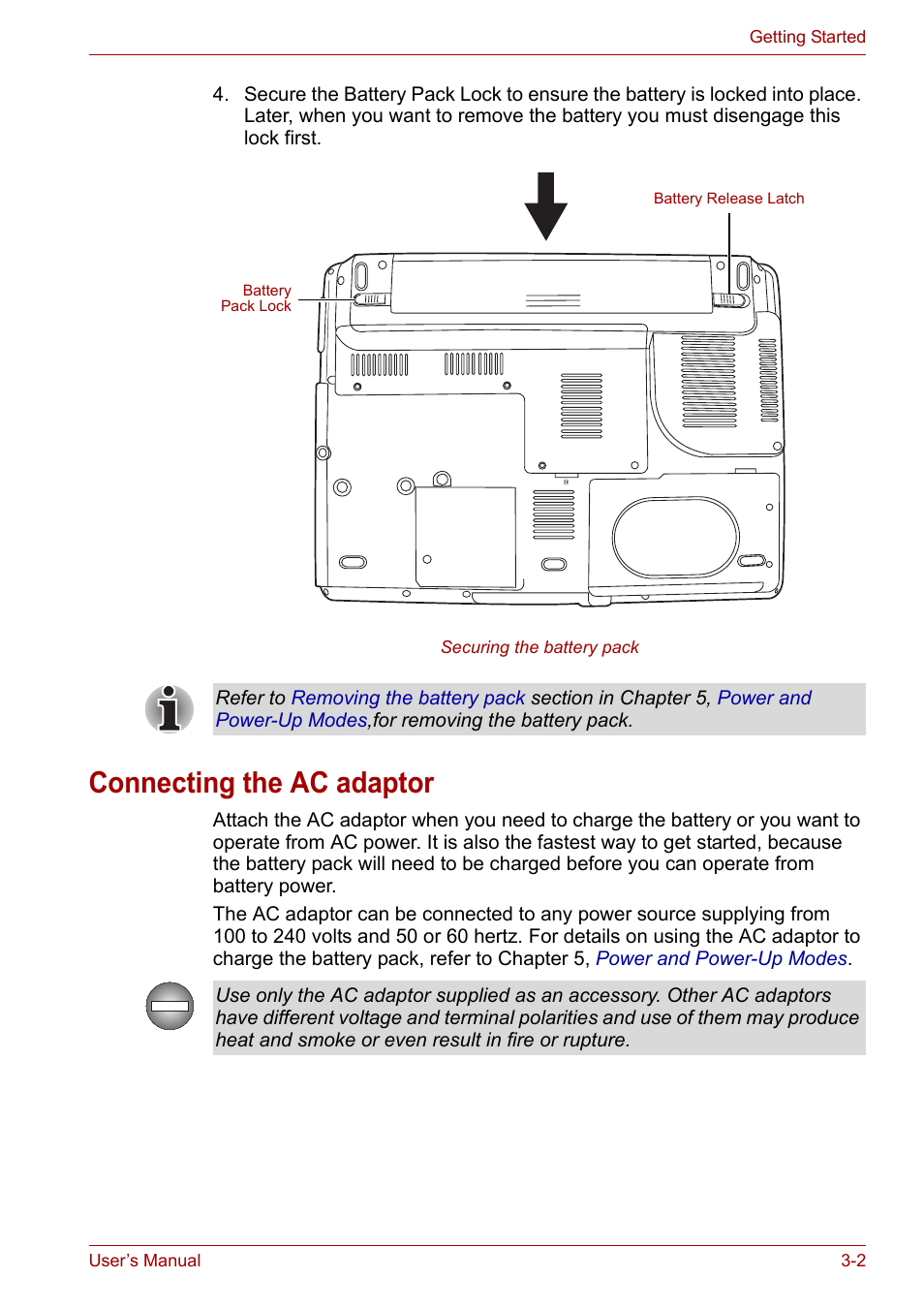 Connecting the ac adaptor, Connecting the ac adaptor -2 | Toshiba U300 Series PSA50 YXT User Manual | Page 38 / 147