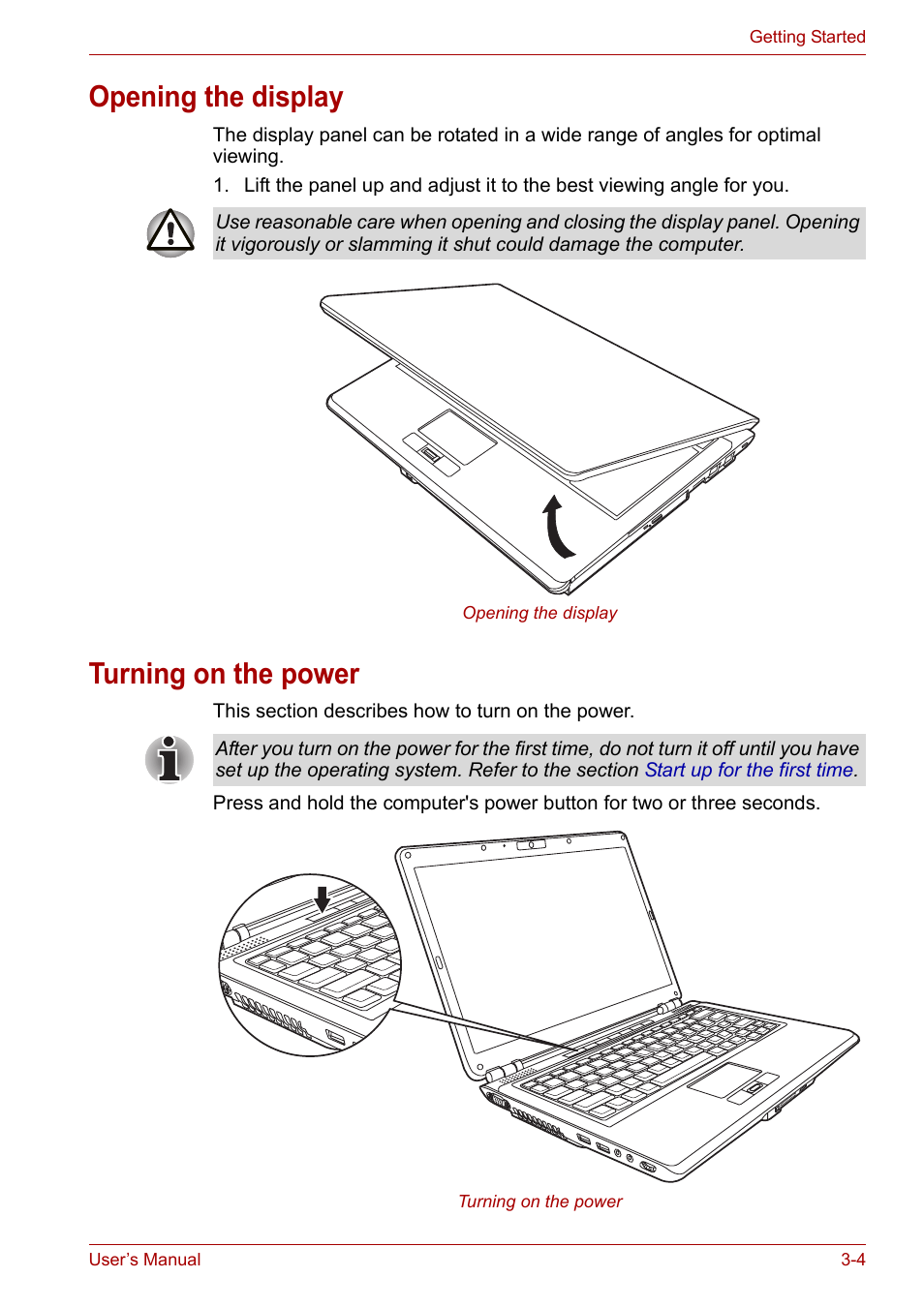 Opening the display, Turning on the power, Opening the display -4 turning on the power -4 | Toshiba U300 Series PSA50 YXT User Manual | Page 40 / 147