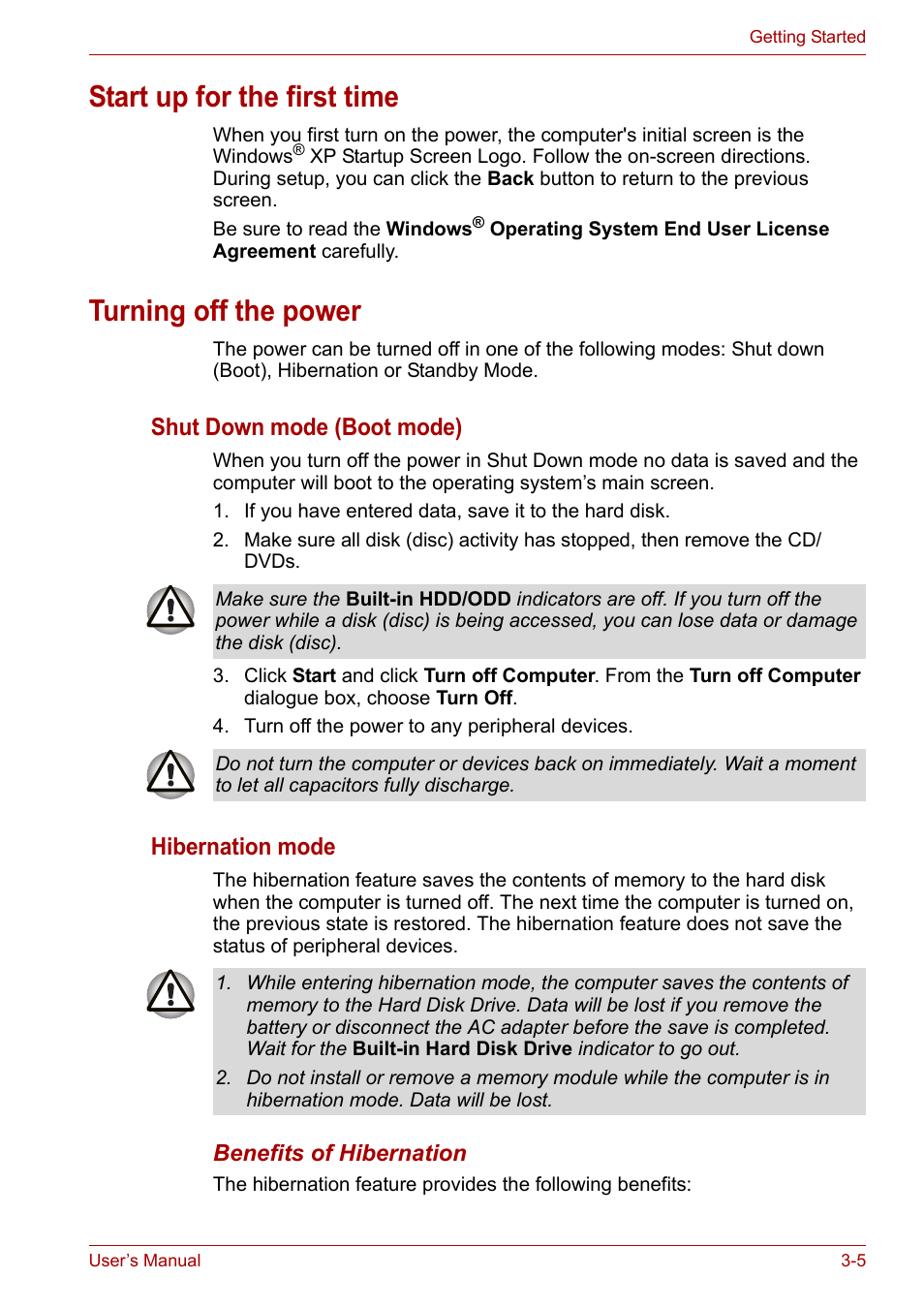 Start up for the first time, Turning off the power, Shut down mode (boot mode) | Hibernation mode | Toshiba U300 Series PSA50 YXT User Manual | Page 41 / 147