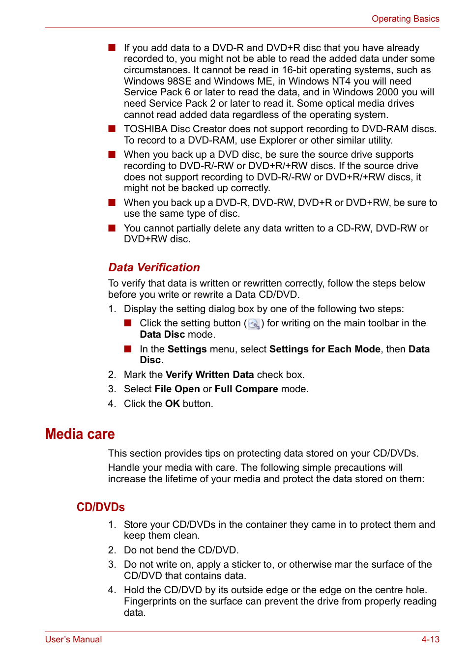 Media care, Media care -13, Cd/dvds | Toshiba U300 Series PSA50 YXT User Manual | Page 58 / 147