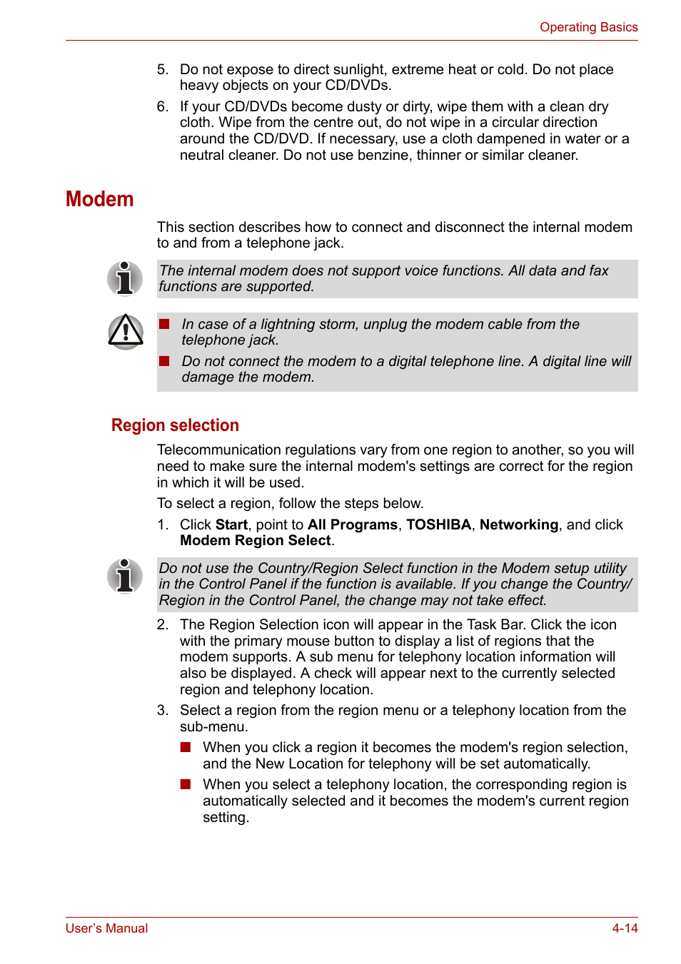 Modem, Modem -14, Region selection | Toshiba U300 Series PSA50 YXT User Manual | Page 59 / 147