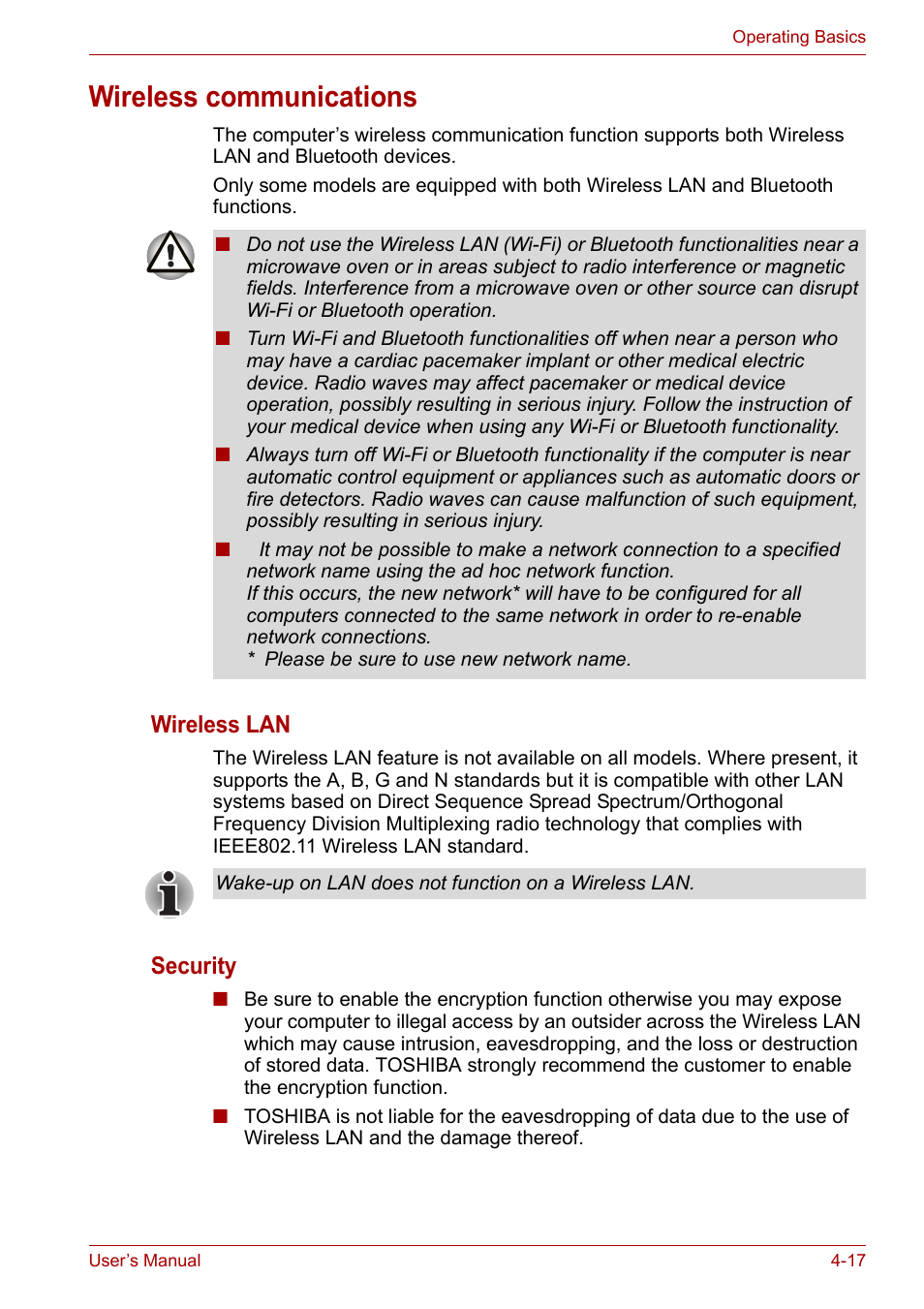 Wireless communications, Wireless communications -17, Wireless lan | Security | Toshiba U300 Series PSA50 YXT User Manual | Page 62 / 147