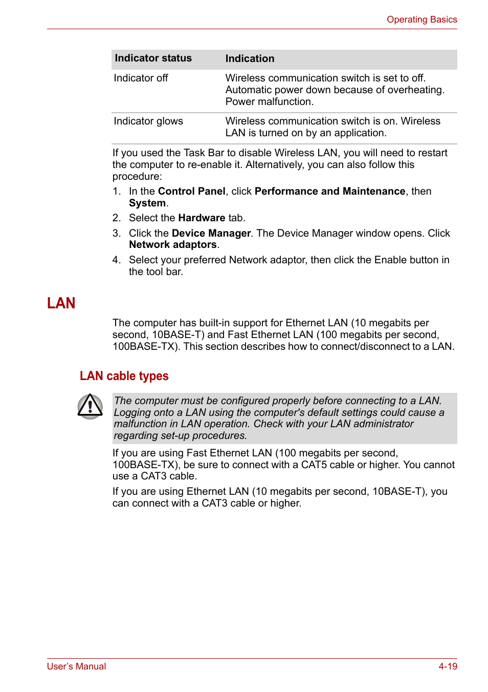 Lan -19, Lan cable types | Toshiba U300 Series PSA50 YXT User Manual | Page 64 / 147
