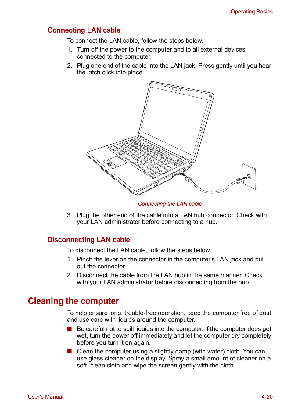 Cleaning the computer, Cleaning the computer -20, Connecting lan cable | Disconnecting lan cable | Toshiba U300 Series PSA50 YXT User Manual | Page 65 / 147