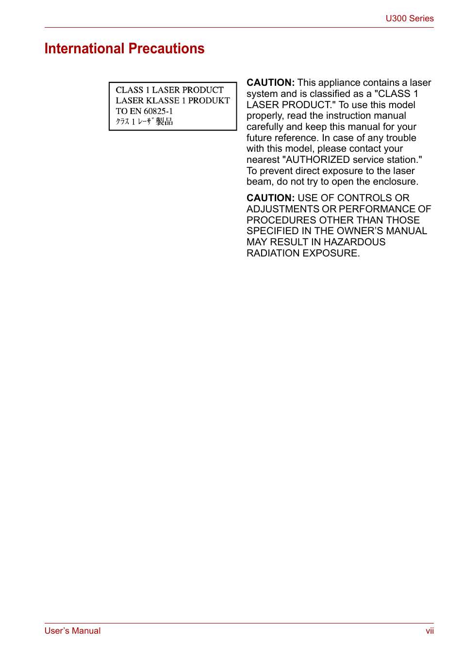 International precautions | Toshiba U300 Series PSA50 YXT User Manual | Page 7 / 147