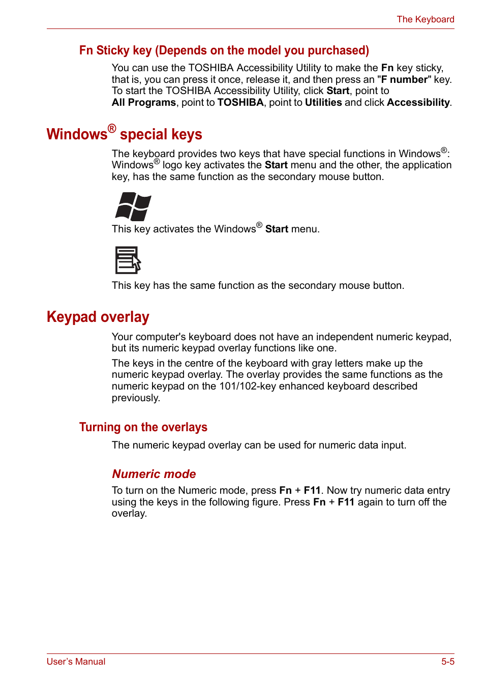 Windows® special keys, Keypad overlay, Windows® special keys -5 keypad overlay -5 | Windows, Special keys | Toshiba U300 Series PSA50 YXT User Manual | Page 73 / 147