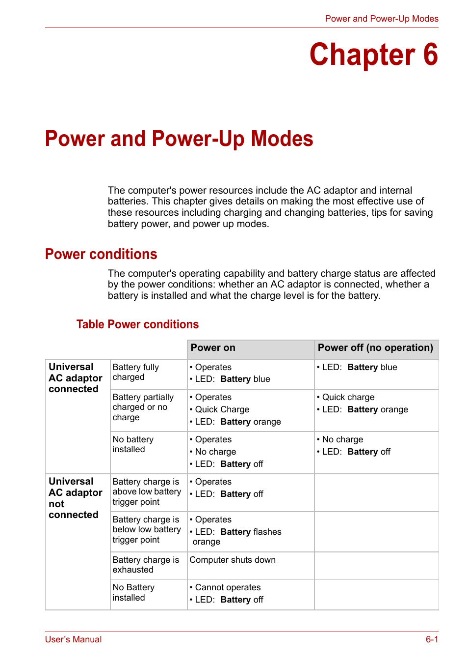 Chapter 6: power and power-up modes, Power conditions, Chapter 6 | Power and power-up modes, Power conditions -1, Power and, Power-up modes | Toshiba U300 Series PSA50 YXT User Manual | Page 75 / 147