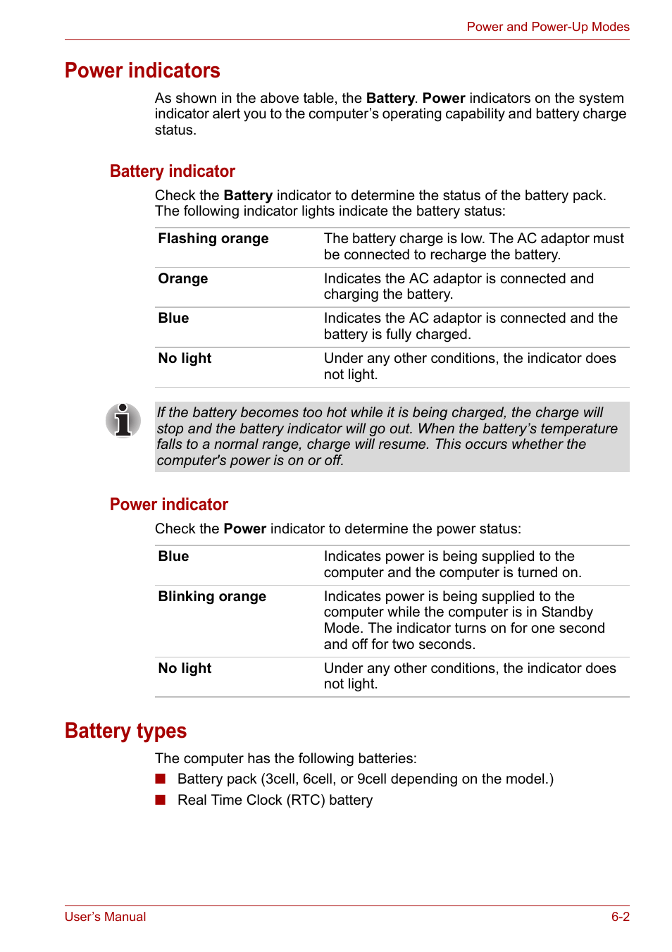 Power indicators, Battery types, Power indicators -2 battery types -2 | Battery indicator, Power indicator | Toshiba U300 Series PSA50 YXT User Manual | Page 76 / 147